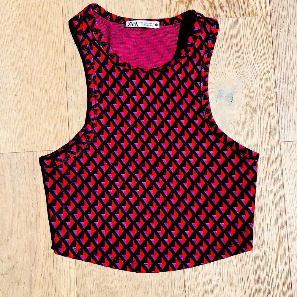 Zara Geometric Crop Top Women’s Small Retro Tank Top Purple Red Black